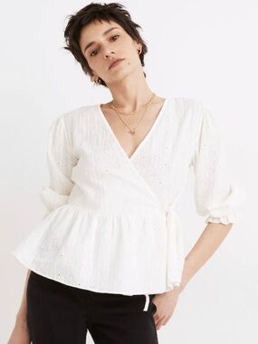 Madewell White Eyelet Wrap Peplum Blouse Size Medium